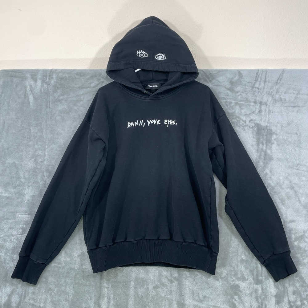 Diesel Hoodie Mens M Damn Your Eyes Embroidered Hood Pullover Heavyweight Black